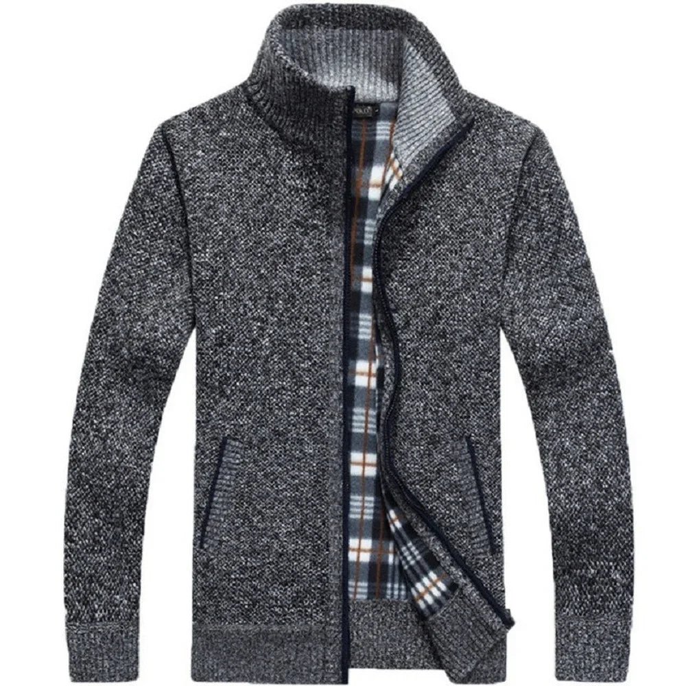 Winter Men's Knitted Sweater Coat Long Sleeve Thick Cardigan Fleece Zipper Causal Solid Color
