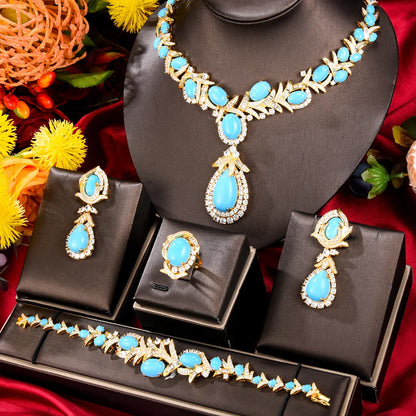 Turquoise Nigerian Dubai Jewelry Sets For Women CZ Zircon