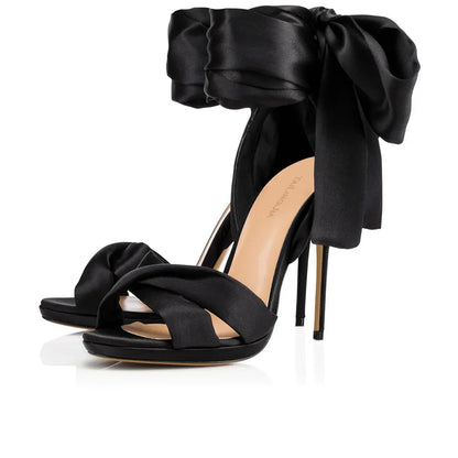 Summer satin bow cross-band sexy open-toe women sandals thin high-heeled shoe