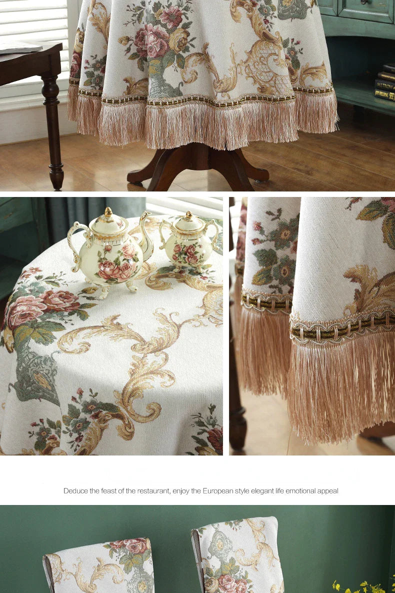 European Style Flower Tassel Tablecloth Thicken Chenille Rectangular Table Cover Round Dining Table Coffee Cloth Dust-proof