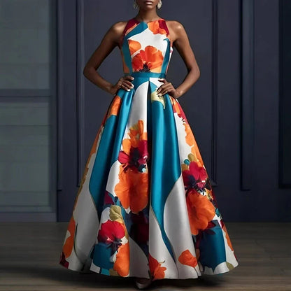 Sexy Sleeveless Floral Hem Long Gown High Waist O Neck Maxi Dress