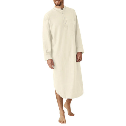 Men's Comfortable Cotton Button-down Sleep Robe Solid Color Stand Neck Long Sleeve Nightgown