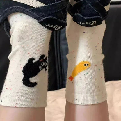 1/2pairs Cartoon Cat Fish Pattern Middle Tube Socks Soft Thermal Warm Crew Sock