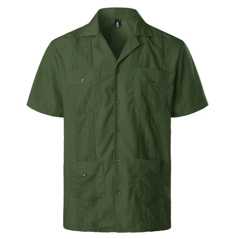 Men's Traditional Cuban Collar Guayabera Shirts Short Sleeve Embroidered w 4 Pockets