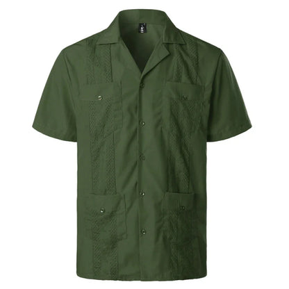 Men's Traditional Cuban Collar Guayabera Shirts Short Sleeve Embroidered w 4 Pockets