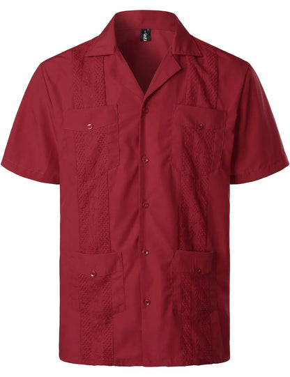 Men's Traditional Cuban Collar Guayabera Shirts Short Sleeve Embroidered w 4 Pockets