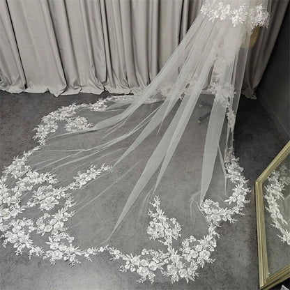 Wedding Veil with Shiny Sequins Lace Customized 2 Tiers 3 Meters Long Bridal Veil with Comb
