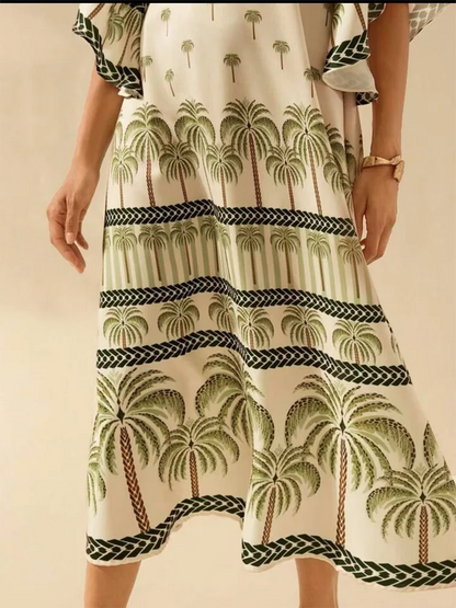 Women Summer Vintage Deep V Coconut Tree Print Flare Sleeve A-line Maxi Dress