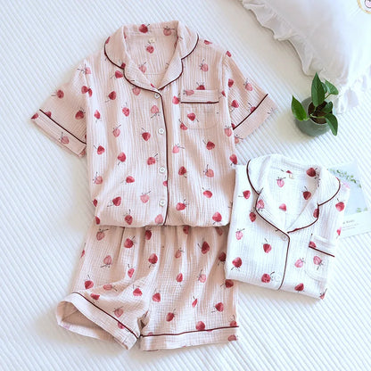 Summer pajamas short-sleeved shorts two-piece cotton crepe