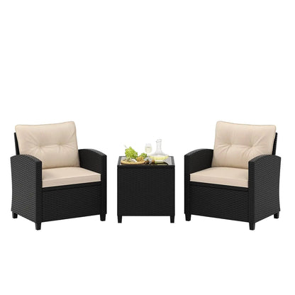 3 Pieces Patio Furniture Set, PE Rattan Wicker 3 Pcs Outdoor Sofa Set w/Washable Cushion and Tempered Glass, Customized