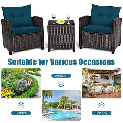 3 Pieces Patio Furniture Set, PE Rattan Wicker 3 Pcs Outdoor Sofa Set w/Washable Cushion and Tempered Glass, Customized
