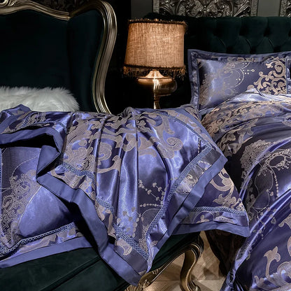 Soft Satin Jacquard Cotton Bedding Set, Luxury Duvet Cover, Blue, Gold, Gray, Queen, King Bed Sheet, Pillowcases, Home Textiles