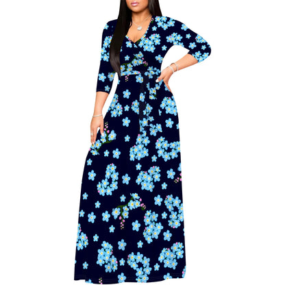 Romantic Floral Rose V-Neck 3/4 Sleeve Wrap Maxi Dress with Belt