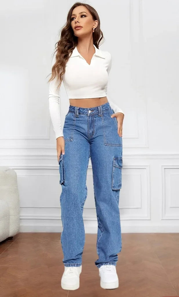 American Retro Mid-waist Multi-pocket Cargo Pants Jeans