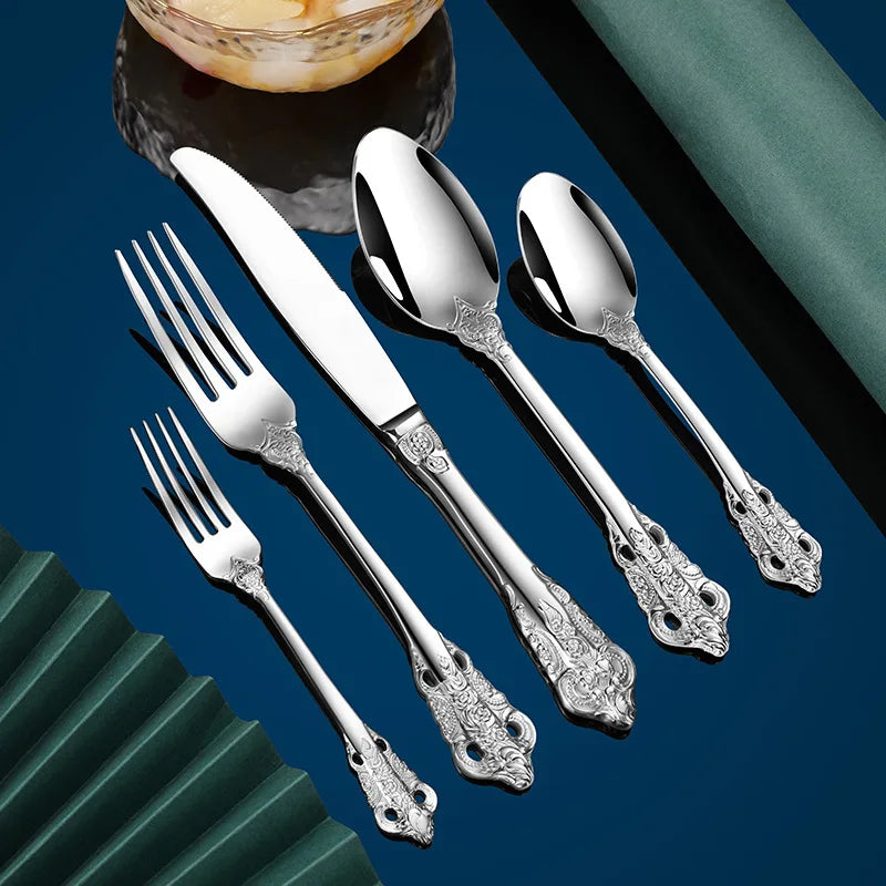 Luxury Gold Cutlery Set Vintage Dinnerware Set 18/10 Stainless Steel Silver Flatware Knife Fork and Spoon