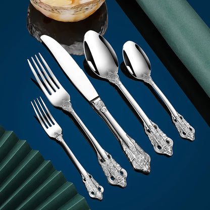 Luxury Gold Cutlery Set Vintage Dinnerware Set 18/10 Stainless Steel Silver Flatware Knife Fork and Spoon