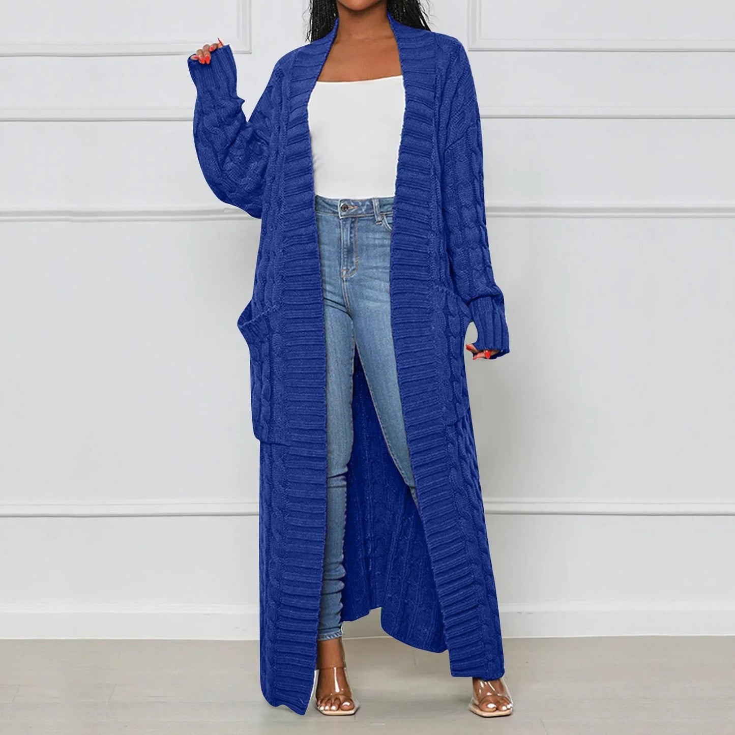 Women's Elegant Wool Ankle Length Knit Cardigan Open Front Long Sleeve Pocket Sweater