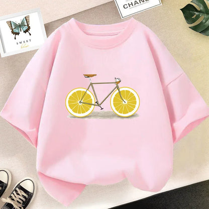 Kids T Shirt Cute Lemon Fruit Cartoon Bike Printed Tops Tee Short Sleeve Graphic Summer Fashion Boy Girl Clothing Unisex T-shirt