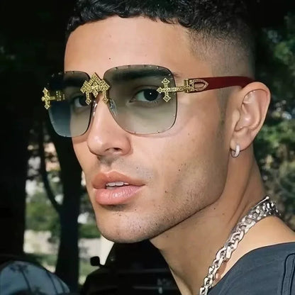 Vintage Rimless Square Cutting Lens Women Men Luxury Brand Designer Sunglasses Popular Punk Diamond Cross Sun Glasses UV400