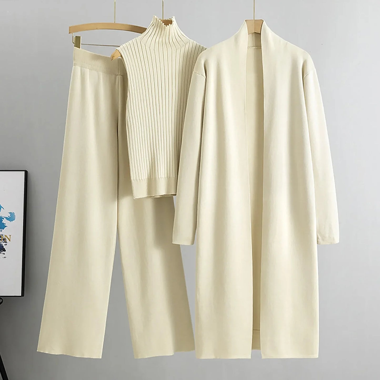 3 Piece Outfits Sweater Pullover Top & Knitted Long Cardigan & Wide Leg Pants Suits