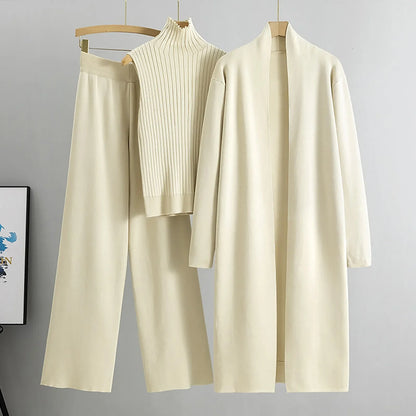 3 Piece Outfits Sweater Pullover Top & Knitted Long Cardigan & Wide Leg Pants Suits