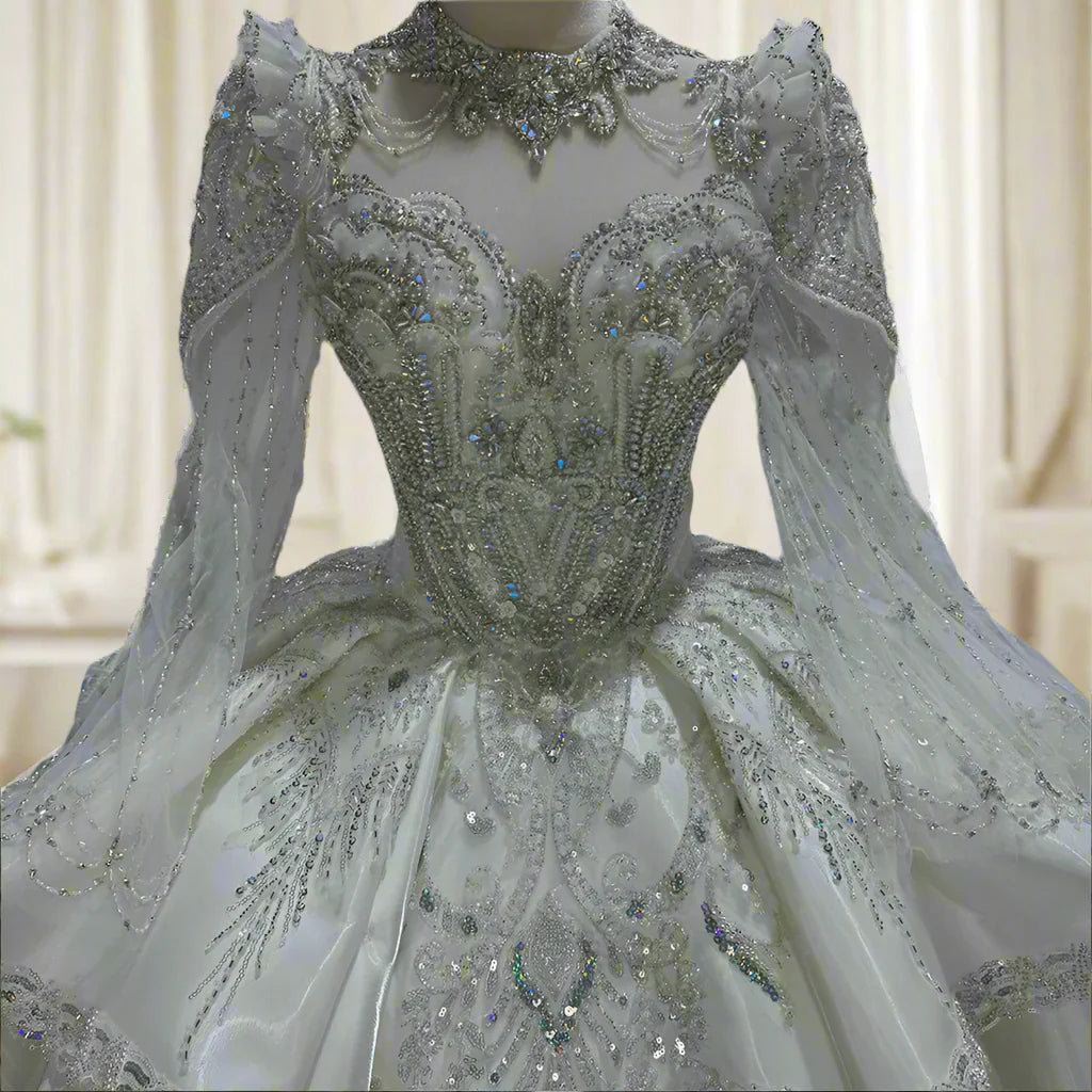 Charming Wedding Beading O-Neck Satin Bridal Dress Gowns Ruffles Long Sleeves