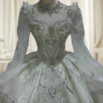 Charming Wedding Beading O-Neck Satin Bridal Dress Gowns Ruffles Long Sleeves