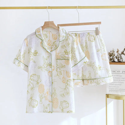 Summer pajamas short-sleeved shorts two-piece cotton crepe