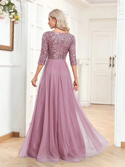 Luxury Floor Length V-Neck Evening Dress Party Maxi Dress Sequin Short Sleeves Prom Cocktail Gown