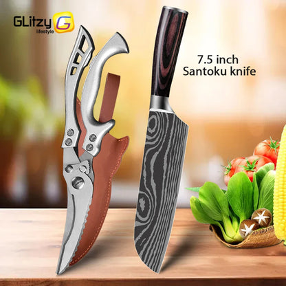 Damascus Laser Steel Kitchen Chef Knives with Shear Cutter and Wooden Handle