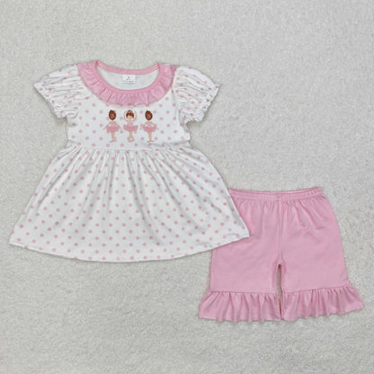 Baby girl summer shirt Short set embroidery farm tractor pink striped 3M-16T