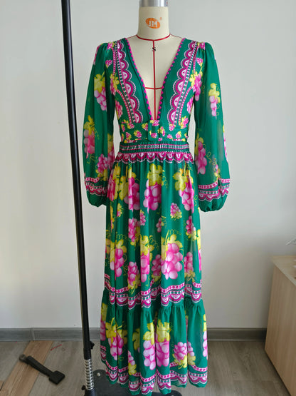 Swimwear 2PC Cover-up Swimsuit Ruffle Printed Deep V One-piece Kimono Bikini Suit