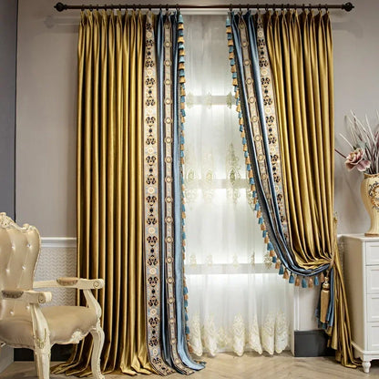 High-end European-style luxury American-style golden and blue shading velvet curtains bedroom living room villa customization
