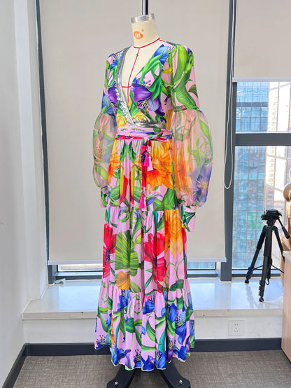 Swimwear 2PC Cover-up Swimsuit Ruffle Printed Deep V One-piece Kimono Bikini Suit