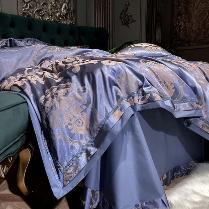 Soft Satin Jacquard Cotton Bedding Set, Luxury Duvet Cover, Blue, Gold, Gray, Queen, King Bed Sheet, Pillowcases, Home Textiles