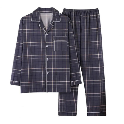 2Pcs Men Pajamas Set Lapel Long Sleeve Single Breasted Tops Elastic Waist Long Pants Comfortable Sleep Set Plaid Print Sleepwear