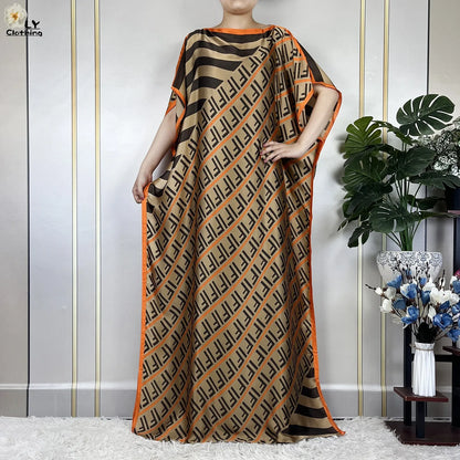 Women Printed Silk Soft Loose Maxi Party Dresses With Belt Turban
