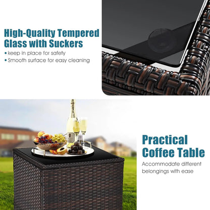 3 Pieces Patio Furniture Set, PE Rattan Wicker 3 Pcs Outdoor Sofa Set w/Washable Cushion and Tempered Glass, Customized