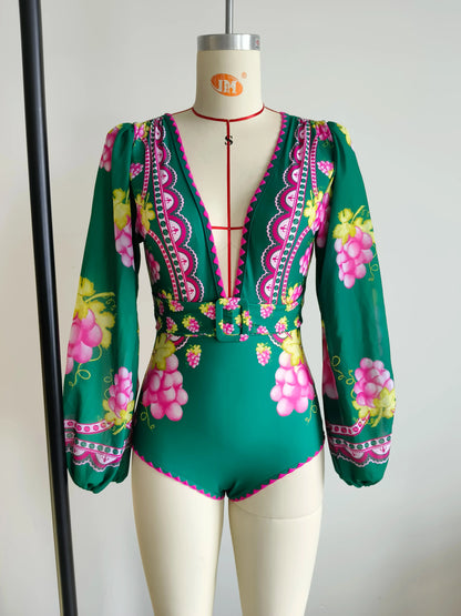 Swimwear 2PC Cover-up Swimsuit Ruffle Printed Deep V One-piece Kimono Bikini Suit