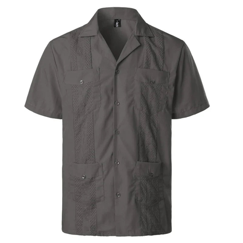 Men's Traditional Cuban Collar Guayabera Shirts Short Sleeve Embroidered w 4 Pockets