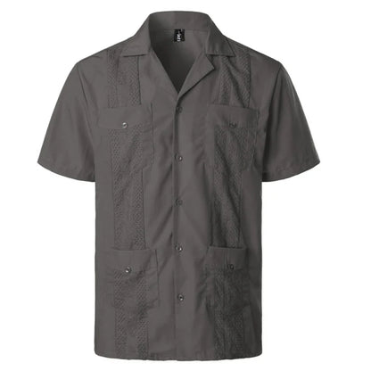 Men's Traditional Cuban Collar Guayabera Shirts Short Sleeve Embroidered w 4 Pockets