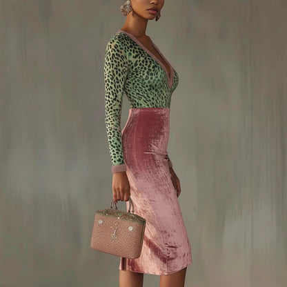 Women Sexy Leopard Print Slim Long Dress Autumn Long Sleeve Deep V-neck Bodycon Maxi Dresses