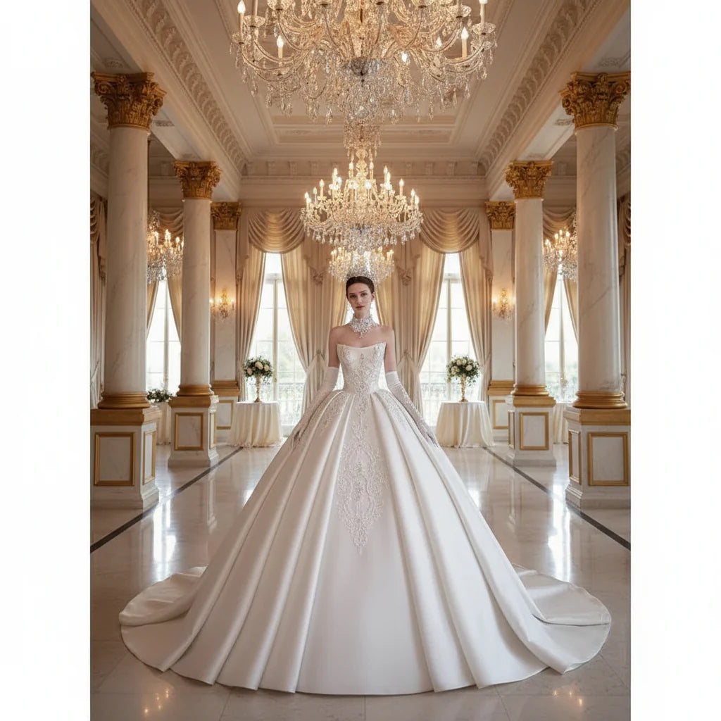Strapless Luxurious Satin Wedding Bridal Dress Beaded Embroidery Trailing Customized