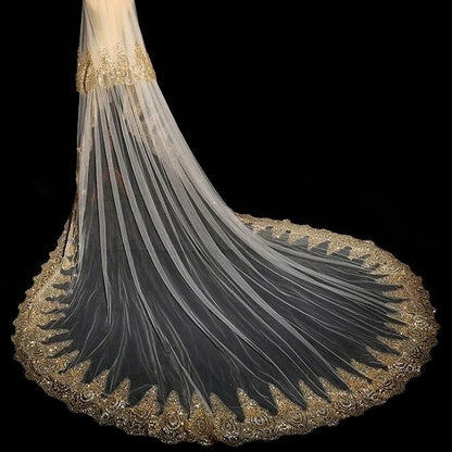 Luxurious Bridal Veil Applique Sequins Golden With Comb Cathedral Two-Layer 3.8Meters