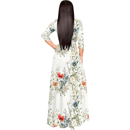 Romantic Floral V-Neck 3/4 Sleeve Wrap Maxi Dress with Belt