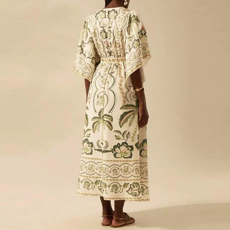 Summer Tropical Plant V-Neck Bohe Elegant Half Sleeve Loose Party Dress A-line