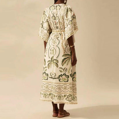Summer Tropical Plant V-Neck Bohe Elegant Half Sleeve Loose Party Dress A-line