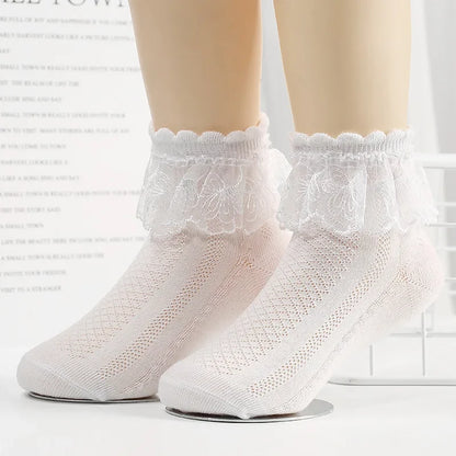 Breathable Cotton Socks with Ruffle Lace