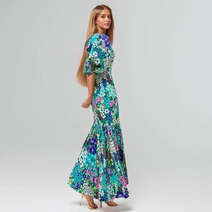 Elegant Blue Flower Print Lantern Sleeve Ankle Summer Fishtail Dress
