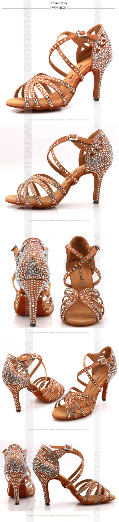 Ballroom Diamond Latin Dance Soft Sole Shoes Silver Bronze Skin color